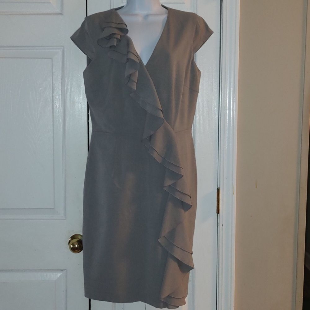 Calvin Klein gray ruffle dress business casual casual  Sz 10 EUC